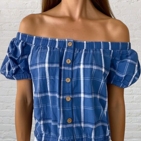 Clockhouse Off Shoulder Top S Blue Plaid Puff Sleeve Button Front Boho - Picture 1 of 11